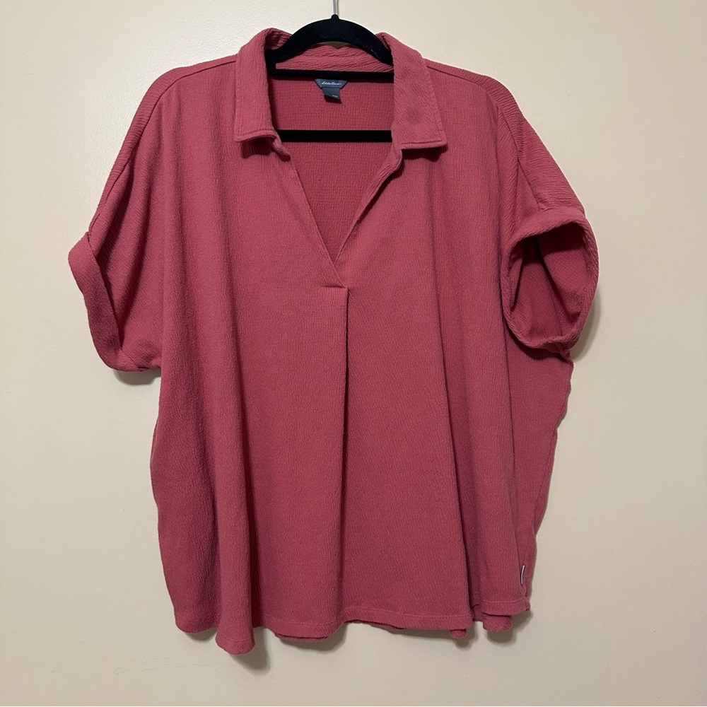 Eddie Bauer Thistle V-neck Textured Collared T-shirt Women 2XL Salmon